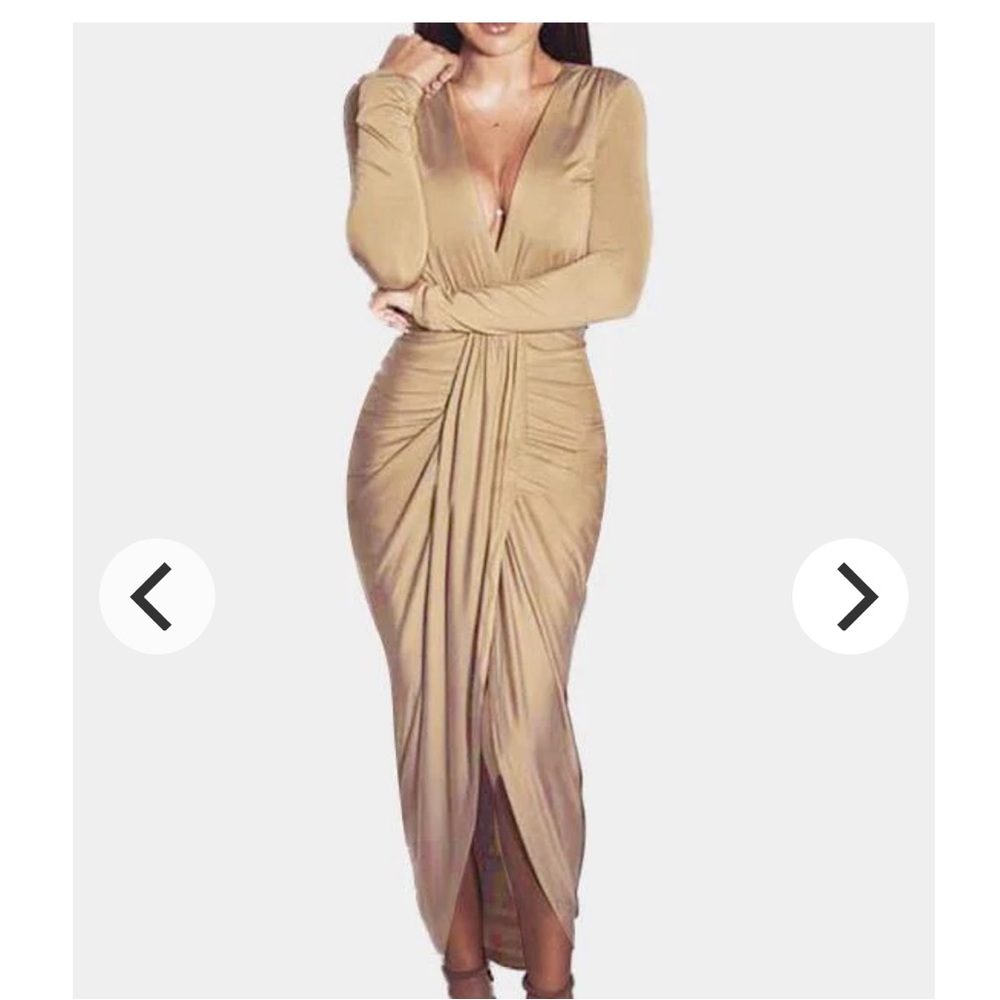 NWT- Agaci  Khaki V-Neck Long Sleeve High Waist Maxi Dress, Medium
